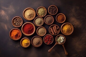 Big set of Indian spices and herbs . On the black chalkboard. Generative AI