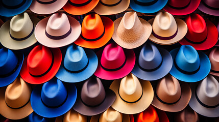 Top view of many colorful panama hats on a market stall in Otavalo, Ecuador.
 - obrazy, fototapety, plakaty