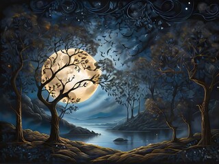 árboles a contraluz, cuyas ramas se extienden hacia la luna resplandeciente en el cielo nocturno estrellado - obrazy, fototapety, plakaty