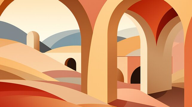 Minimalist Desert Landscape with Arches and Warm Tones in a Modern Abstract Geometric Style