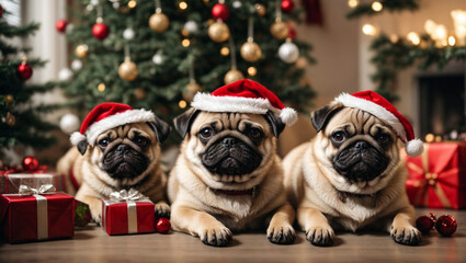 Cute puppies pug wearing Santa Claus red hat under the Christmas tree. Merry Christmas and Happy New Year decoration around (balls, toys and gift boxes). New Year card