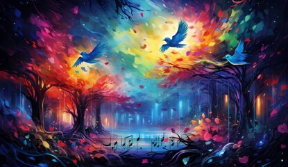 Birds Soaring in Majestic Flight Above Lush, Serene Forest Landscape with Melodic Music Notes in the Foreground. A colourful watercolour painting of birds flying over a forest