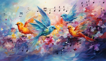 A Symphony of Birds: A Colorful Painting with Melodic Music Notes in the Background. A painting of birds with music notes in the background - obrazy, fototapety, plakaty