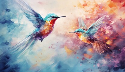 Two Birds Soaring in Synchronised Flight. A colourful watercolour painting of two birds flying next to each other