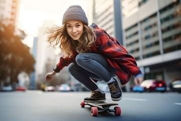 young american woman playing skateboard in the city - obrazy, fototapety, plakaty