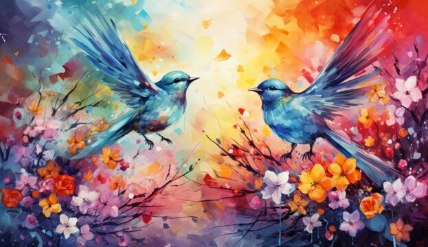Painted Serenade: Two Birds in Flight Amidst a Tapestry of Colourful Blooms. A colourful watercolour painting of two birds in flight. © AI Visual Vault
