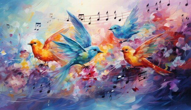 A Symphony of Birds: A Colorful Painting with Melodic Music Notes in the Background. A painting of birds with music notes in the background