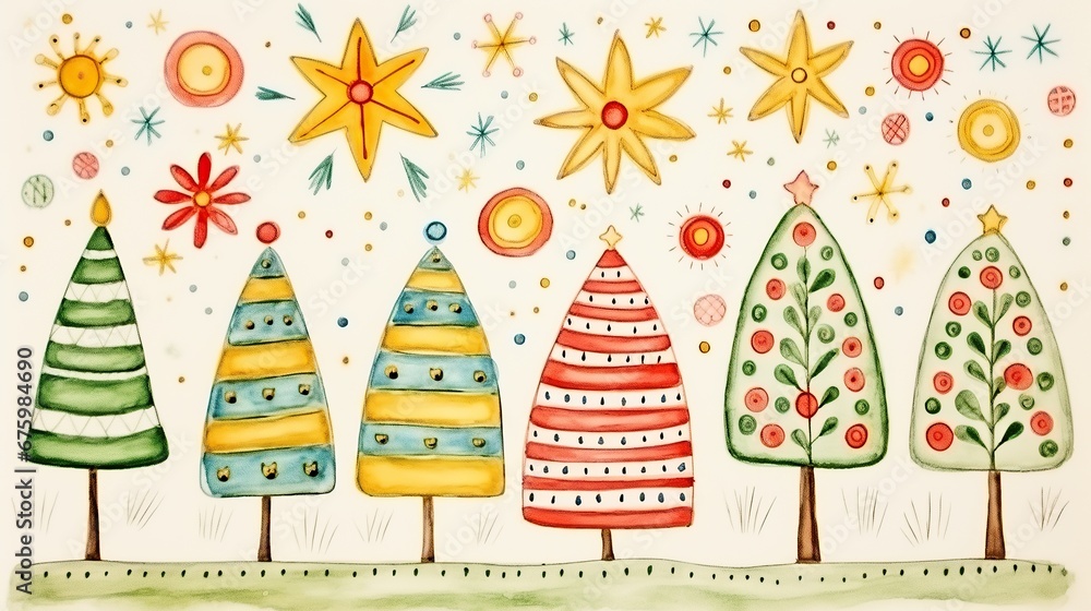 Sticker Christmas trees with stars and fireworks
