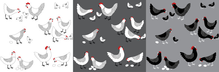 Seamless Pattern Of Rooster, Hen, Chick And Eggs
