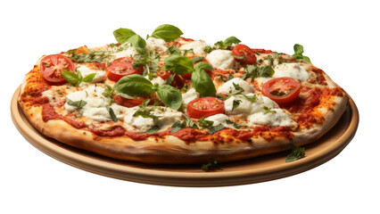 Delicious mozzarella pizza with fresh vegetables and herbs. PNG on transparent background.