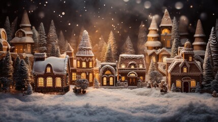 Fototapeta premium Festive Christmas Candy and Gingerbread Cottages in Artificial Snow