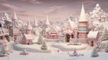Obraz premium Festive Christmas Candy and Gingerbread Cottages in Artificial Snow