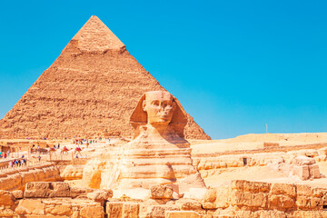 Pyramid of Khafre and the Great Sphinx. Great Egyptian pyramids.