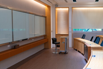 School lecture classroom without students and teacher.