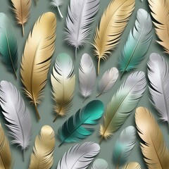 Aerial Elegance: Overhead View of Green, Gold, and Silver Feather Collection