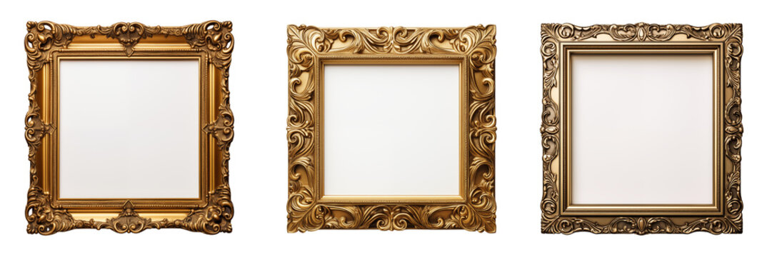 Collection of square Antique gold picture frameS isolated on white background