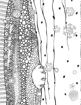 A cat peeks out from behind the curtain. Cat's paw. Snowflakes, Winter, Christmas, New Year. Pattern for coloring book