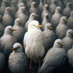 Stand Out in the Crowd - White Bird Amid Gray Birds. Ai generative