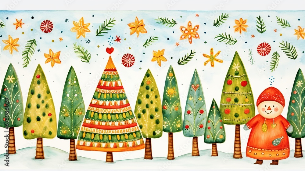 Sticker Christmas trees with heart and fireworks
