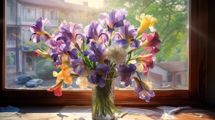  a vase filled with purple and yellow flowers sitting on a window sill in front of a window sill.  generative ai