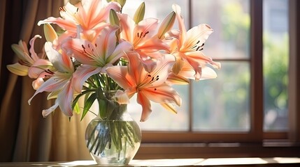  a vase filled with pink lilies sitting on a table next to a window with a curtained window behind it.  generative ai
