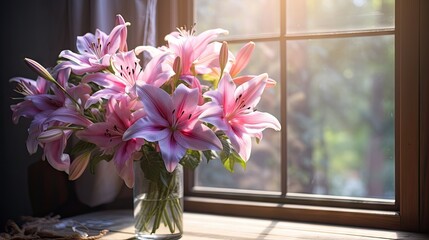  a vase filled with pink flowers sitting on top of a window sill next to a wooden window sill.  generative ai