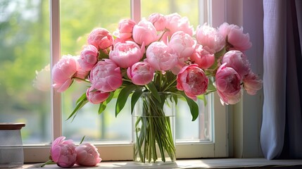  a vase of pink flowers sitting on a window sill next to a window sill with a window sill in the background.  generative ai