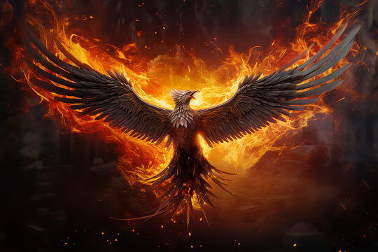 An artistic illustration of a Phoenix bird emerging from its ashes, symbolizing the concept of rebirth and transformation