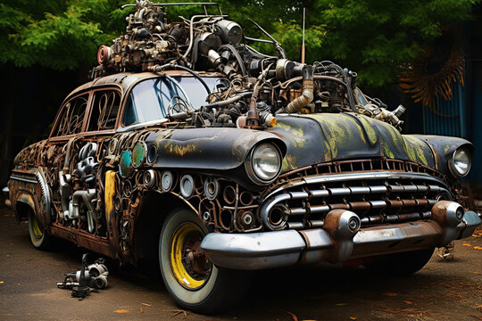 An abandoned car from a junkyard, transformed into a creative art sculpture using metal and paint
