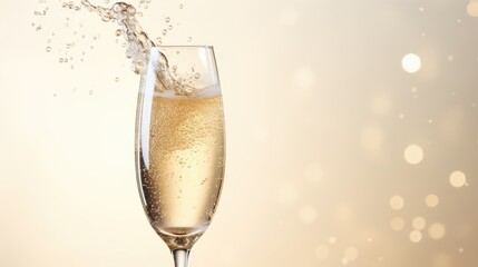  a glass of champagne with a splash of water coming out of the top of it, on a beige background.  generative ai