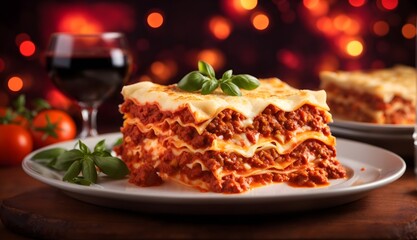 Lasagne alla Bolognese: multiple layers of beef, tomato, and onion bolognese sauce, bechamel sauce, and lasagne pasta sheets, cheesy top, bold red wine on Bokeh lights background