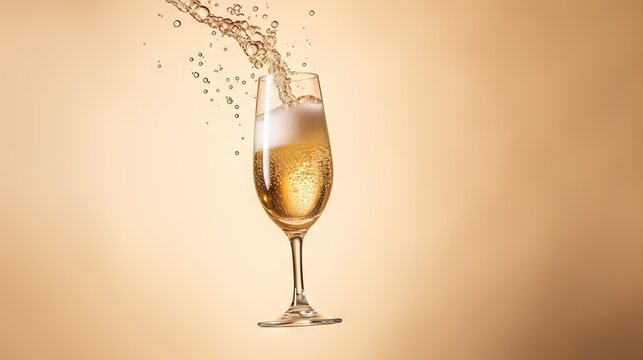  a glass of champagne with a splash of water coming out of the top of it, on a beige background.  generative ai