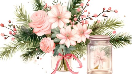  a vase filled with pink flowers next to a jar filled with greenery and a pink ribbon on a white background.  generative ai