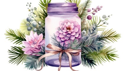 a watercolor painting of a mason jar with pink flowers and greenery on a white background with a bow.  generative ai
