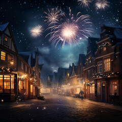 Winter, Cozy old town celebrates Christmas,fireworks in night sky.Photo created with Generative AI technology