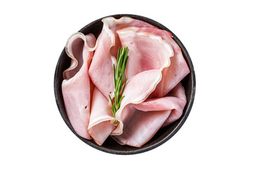Prosciutto ham sliced in a pan.  Transparent background. Isolated