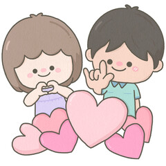 Cute pastel romantic couple making finger heart shape