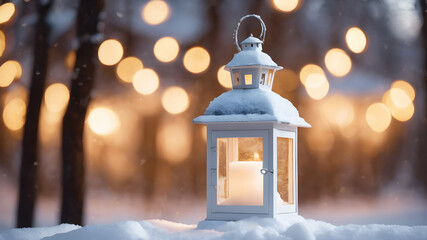 Naklejka premium Winter background with Christmas decoration with a white lantern in the snow with beautiful bokeh. Generative Ai 
