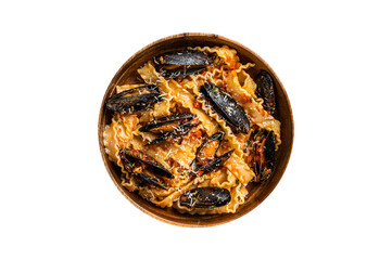 Mussels and clams Mafaldine pasta with tomato sauce in a rustic wooden plate.  Transparent...