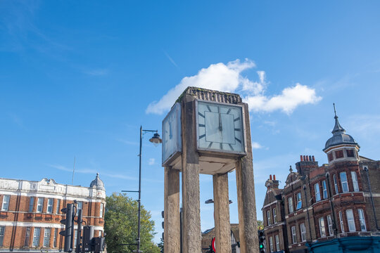 HANWELL, LONDON: The Clock Tower on Uxbridge Road, an historical landmark in Hanwell Town Centre- Ealing
