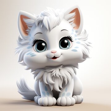 A cute 3D mascot of a white cat. Realistically rendered adorable kitten, isolated on a white background.