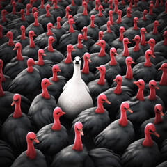Stand Out in the Crowd - White duck Amid Gray ostrich. Ai generative