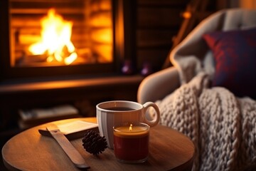 a mug ofhot tea stand on a chair