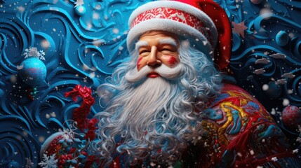  a close up of a santa clause wearing a red and white hat and holding a blue christmas ornament.  generative ai