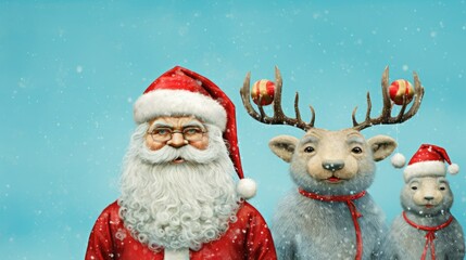  a christmas card with a santa claus and two reindeers wearing red and white hats and scarves, and a blue background with snowflakes.  generative ai