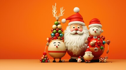  a group of santa clause figurines sitting next to each other on top of a orange surface with a red background.  generative ai
