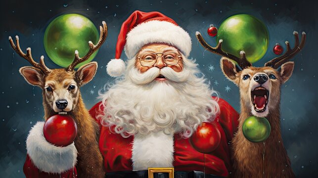  a painting of santa claus surrounded by reindeers with christmas balls on their heads and a green ball in his mouth.  generative ai