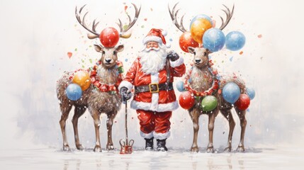 Obraz na płótnie Canvas a painting of a santa clause standing in front of a group of reindeers with balloons in their antlers. generative ai