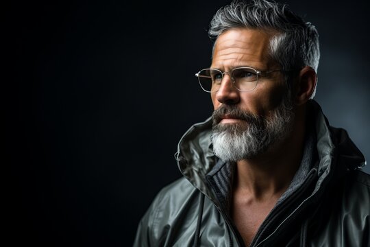 Portrait of a handsome bearded man with glasses and a jacket on a dark background