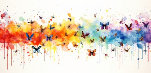 Colourful Butterflies Dance on a Vibrant Canvas of Artistic Expression. A colourful painting with butterflies on it as well as colourful splotches of dripping paint - obrazy, fototapety, plakaty